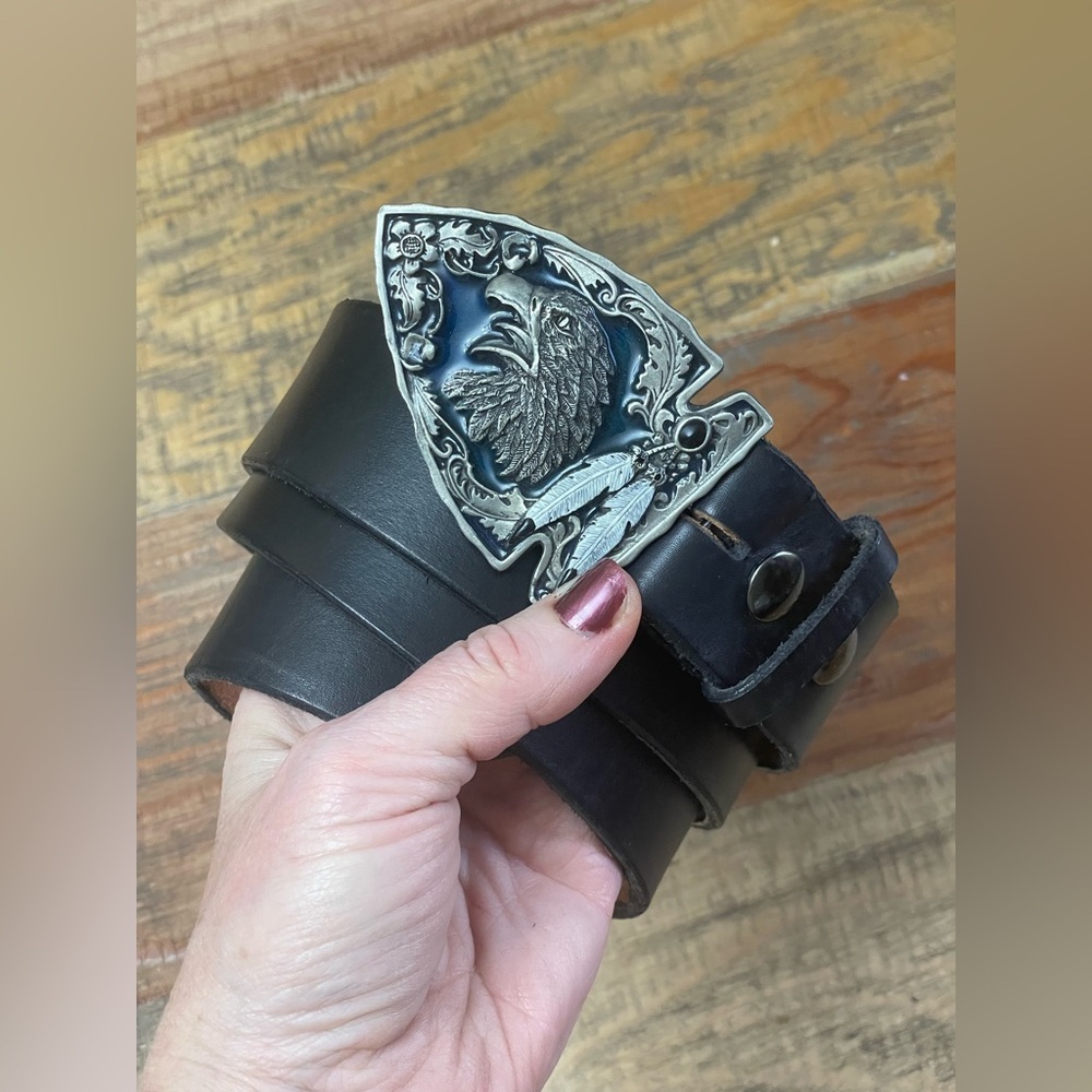 Siskiyou Vintage 1995 Silver Tone Heavy Buckle Eagle Black Leather Belt Size 42